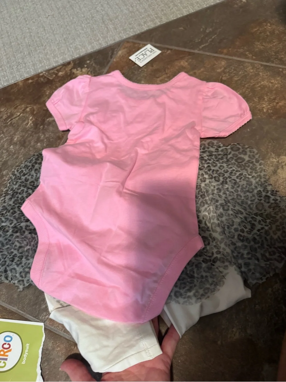 NWT 9-12 mth Pink Pearl-Print Top with Leopard Skirt connected to cream leggings